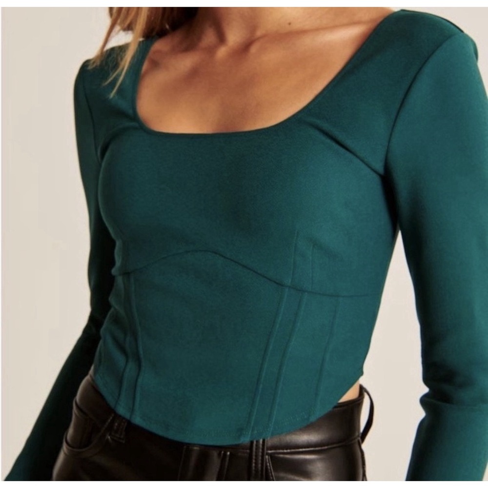 Abercrombie & Fitch Women Green Corset Long Sleeve Crop Top Square Neck Size XS